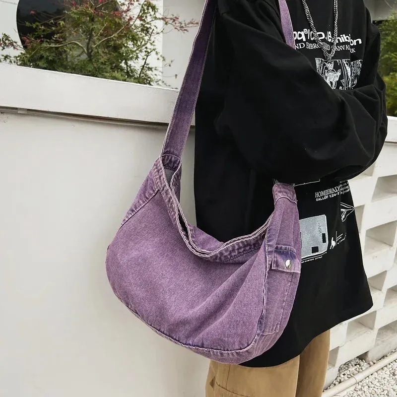 Sohiwoo Vintage Washed Denim Fabric Shoulder Bag For Female College Students Trendy Cool Crossbody Bags For Women Travel School Bag Girl