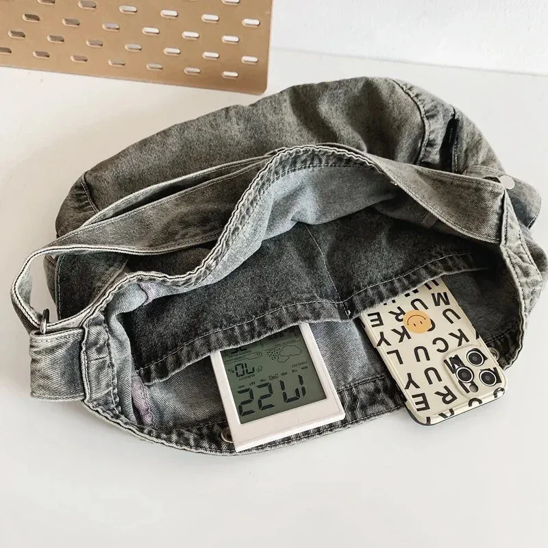 Sohiwoo Vintage Washed Denim Fabric Shoulder Bag For Female College Students Trendy Cool Crossbody Bags For Women Travel School Bag Girl