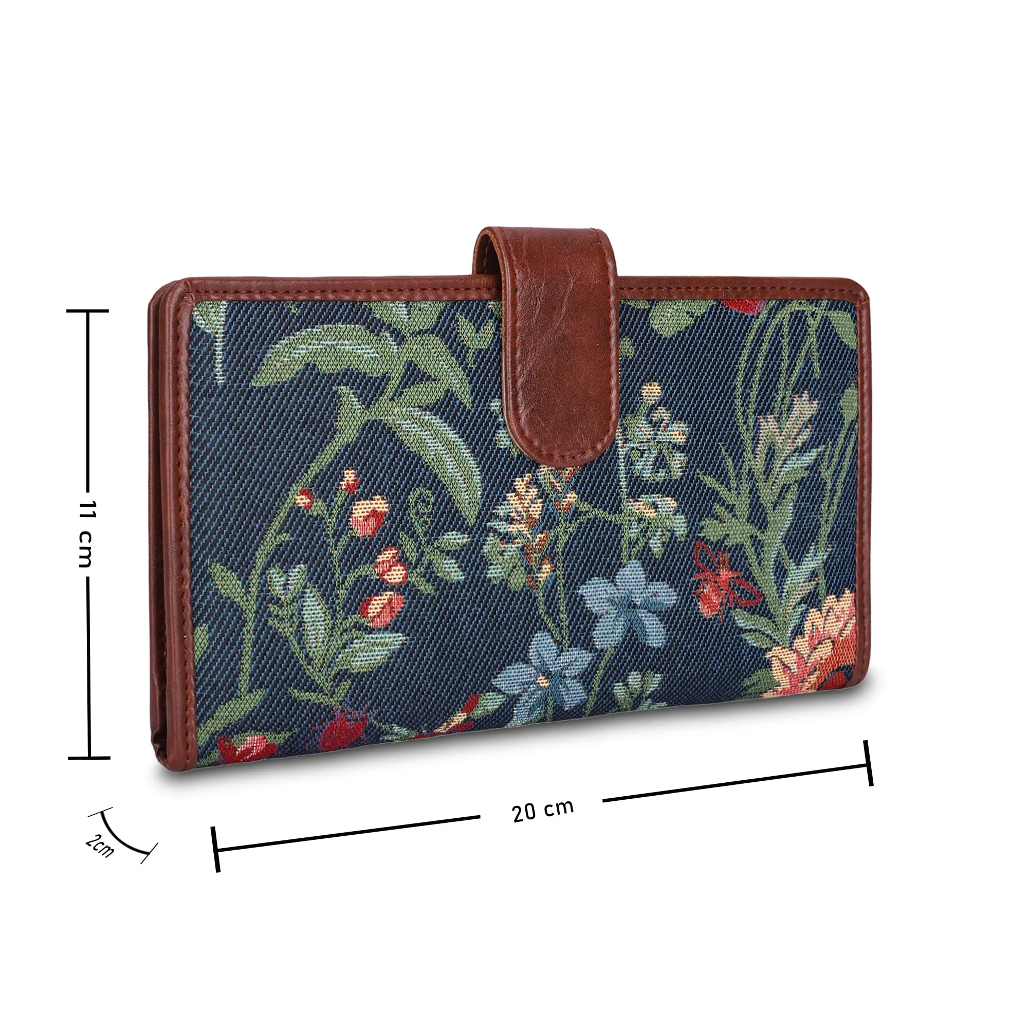 THE CLOWNFISH Voyage Vault Series Tapestry Fabric & Faux Leather Unisex Dual Passport Wallet Travel Document & Cash Organizer with Multiple Card Holder Slots & Button Flap Closure (Navy Blue-Floral)