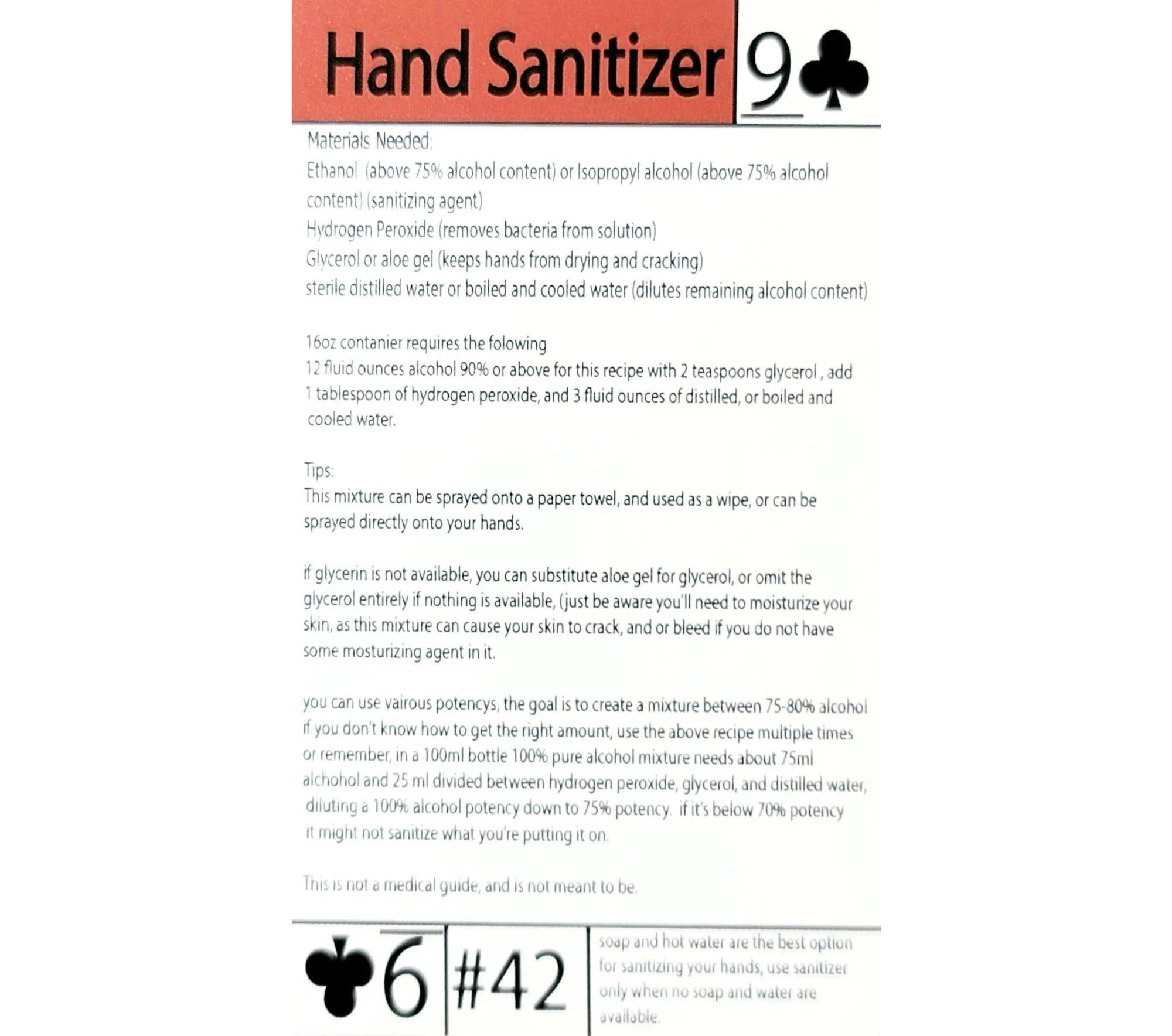 Tip Card #42 Sanitizer Recipe and Instructions