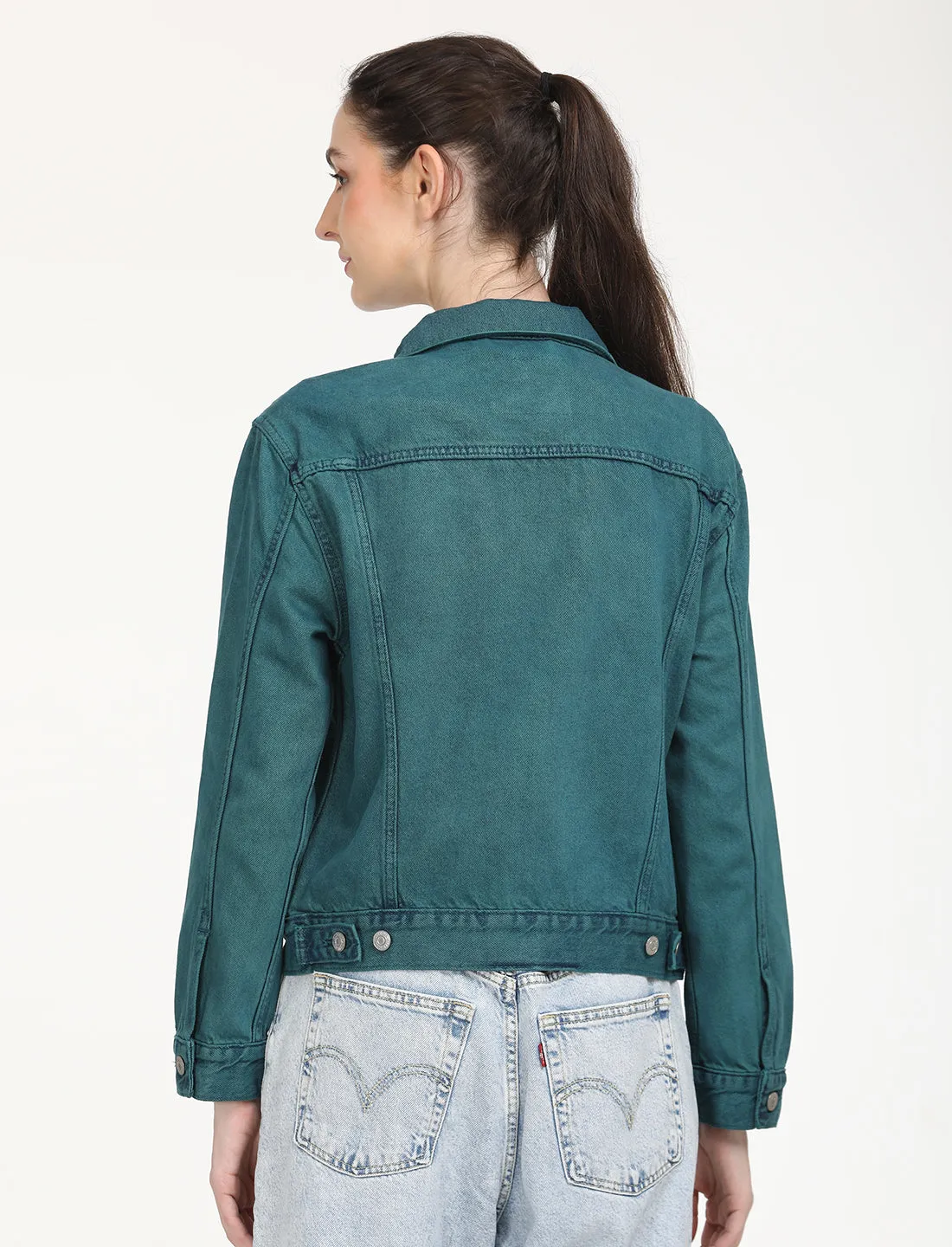 Women's Solid Teal Spread Collar Trucker Jacket