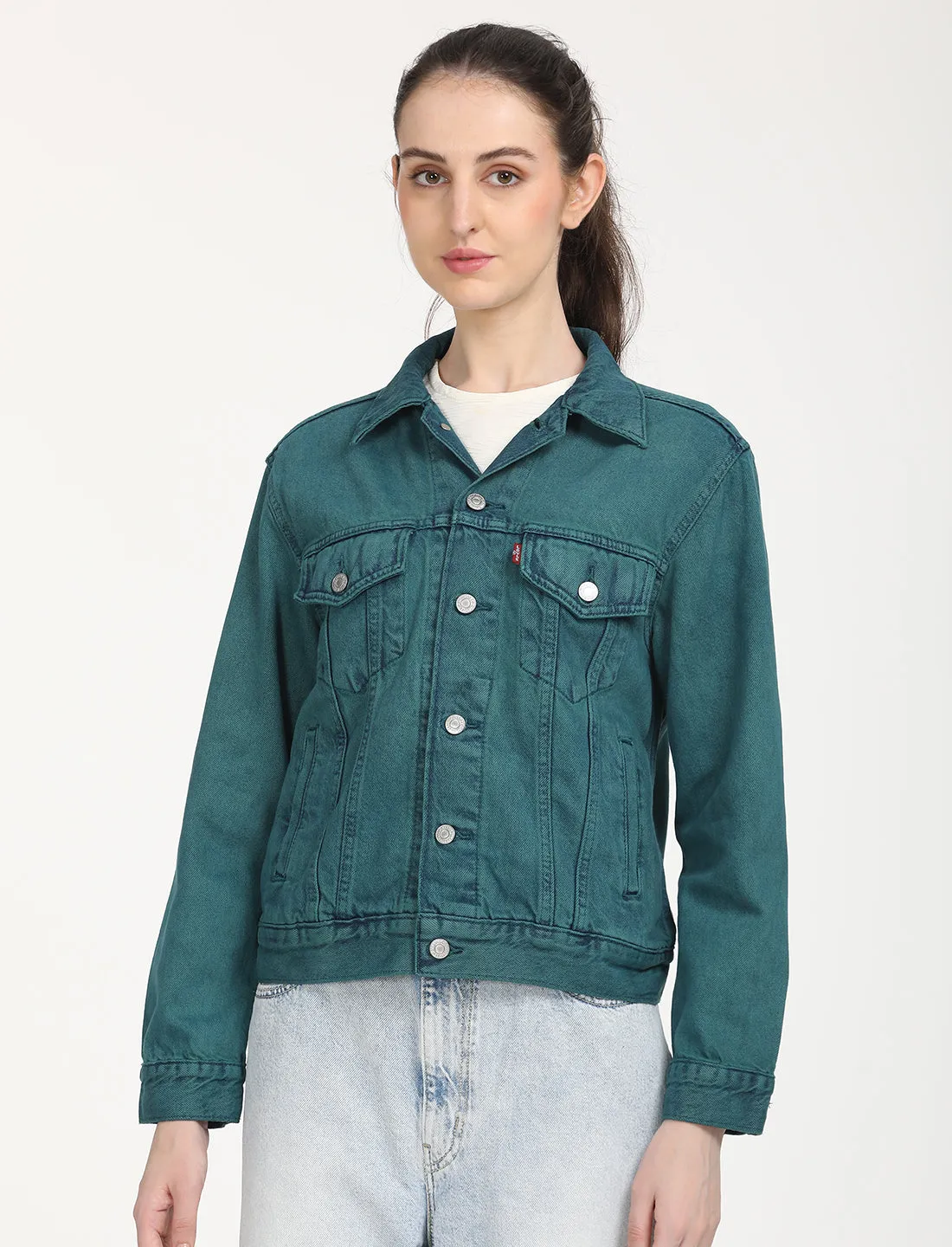 Women's Solid Teal Spread Collar Trucker Jacket