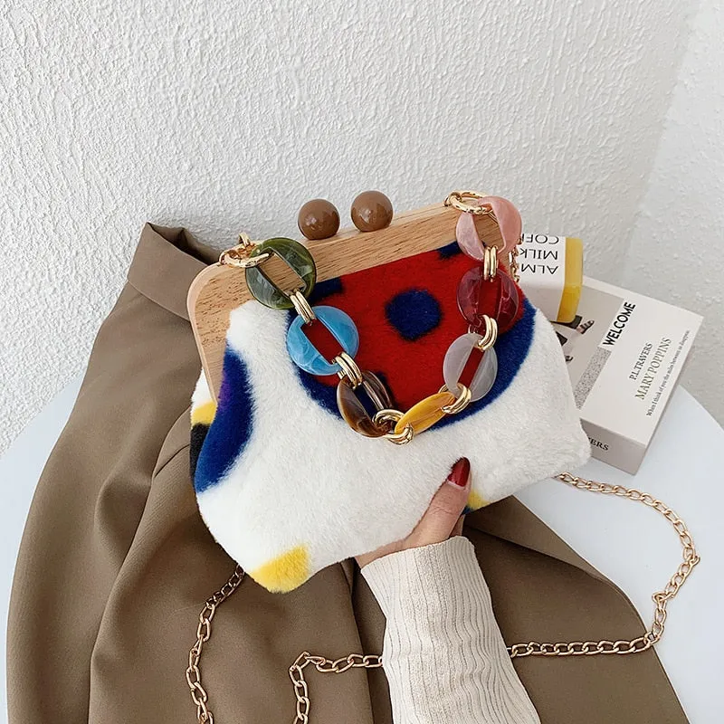 Wood Clip Plush Handbag