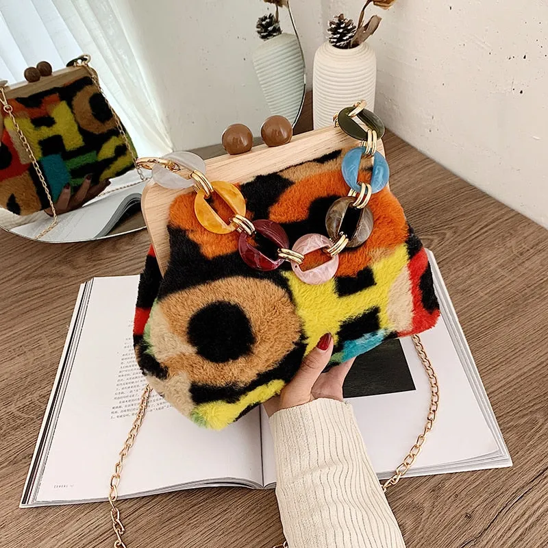 Wood Clip Plush Handbag