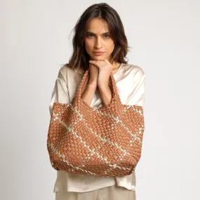 Woven Neoprene Large Tote - Tan/Gold