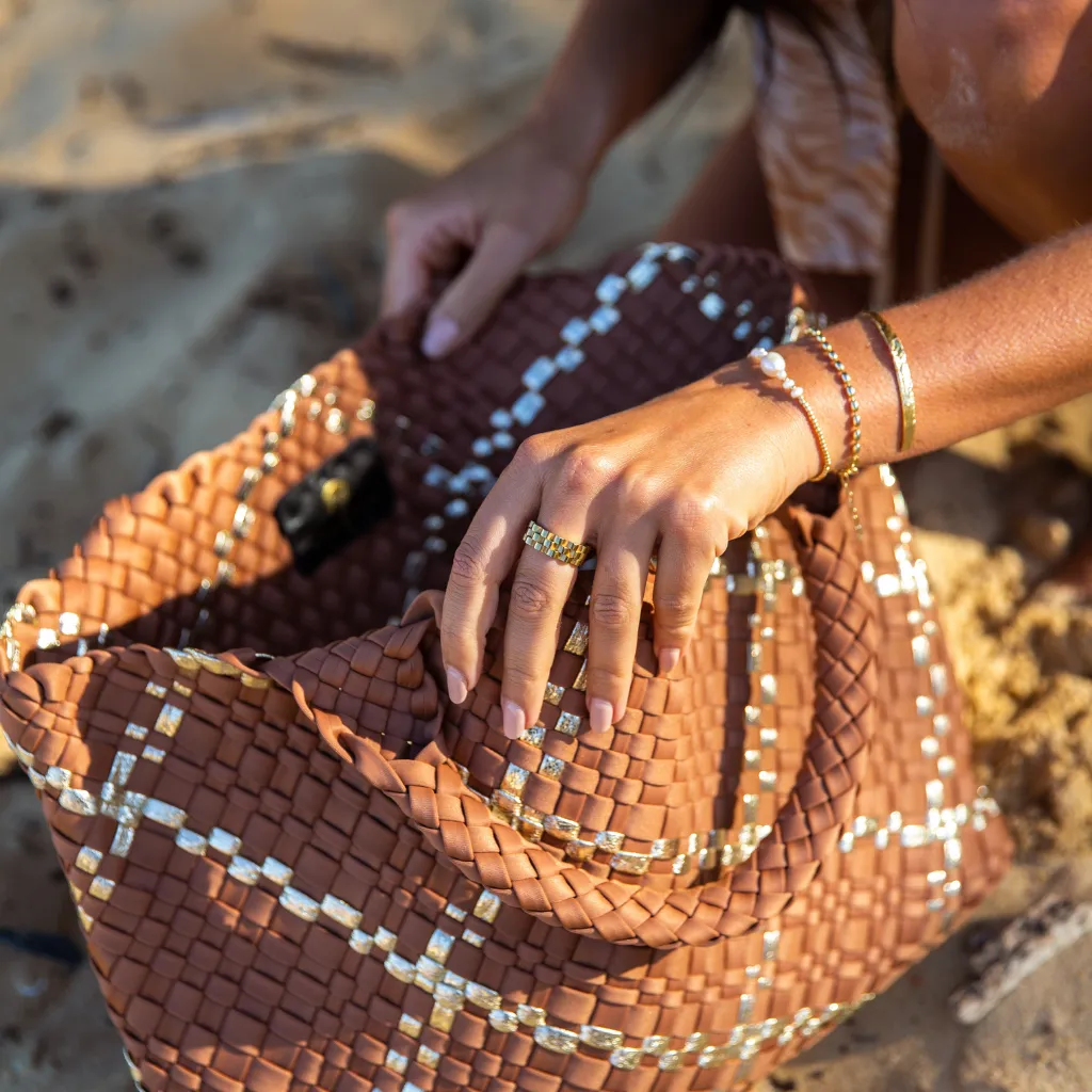 Woven Neoprene Large Tote - Tan/Gold