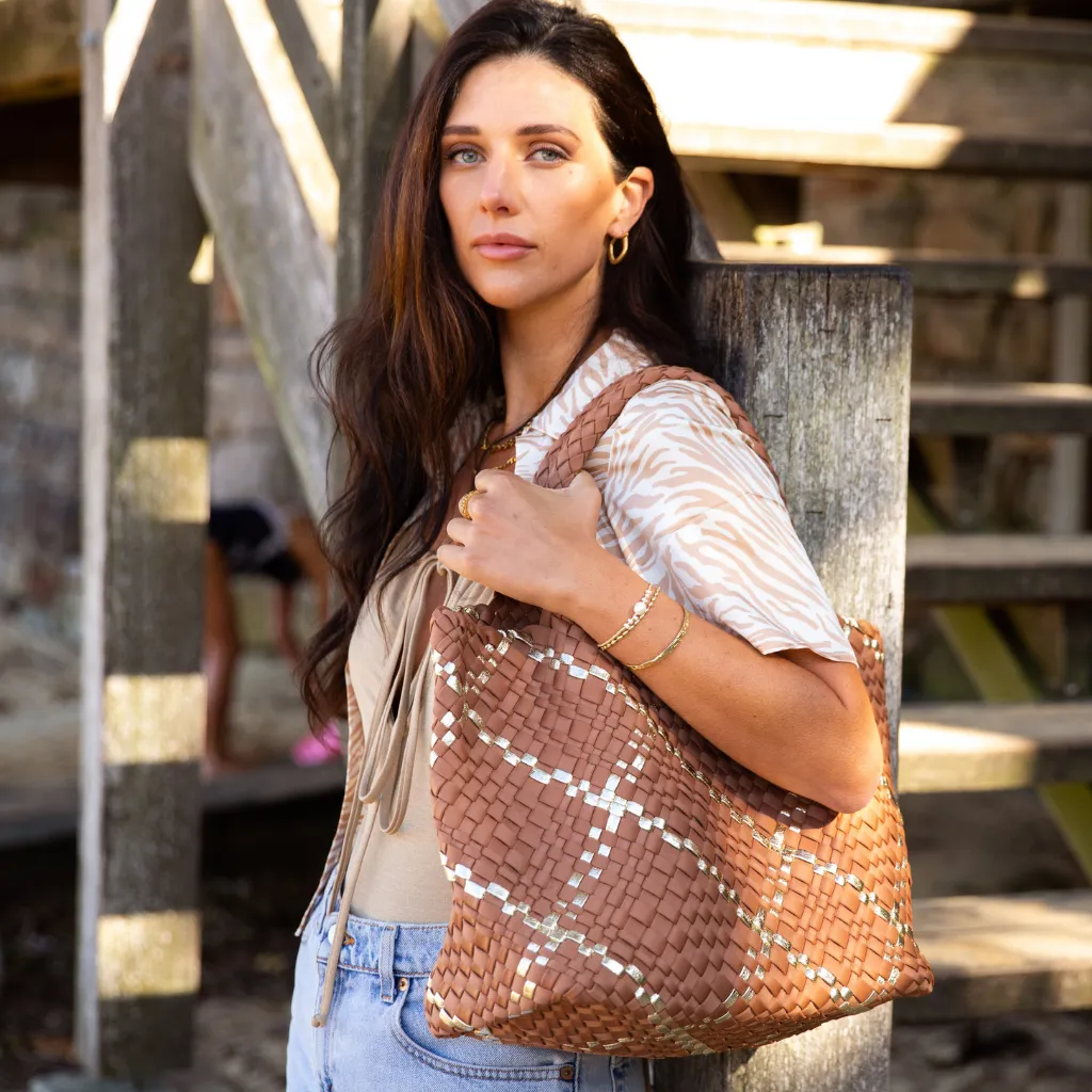 Woven Neoprene Large Tote - Tan/Gold