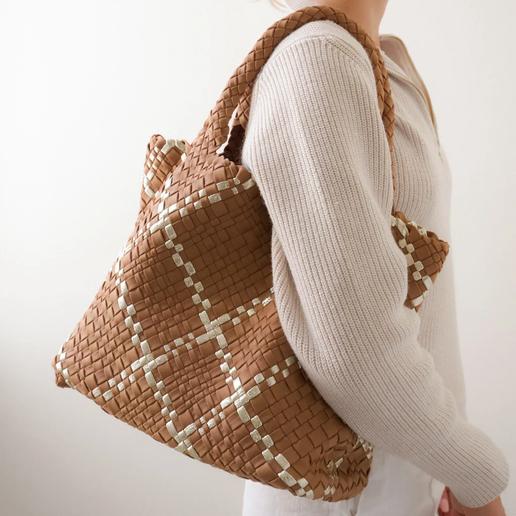 Woven Neoprene Large Tote - Tan/Gold