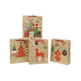 XMAS DESIGNS ON BROWN PAPER GIFT BAG LRG 32X26X12CM 4 ASST